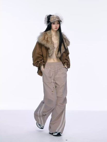 JN's DESIGN - Washed Chestnut Brown Faux Fur Collar Utility Jacket