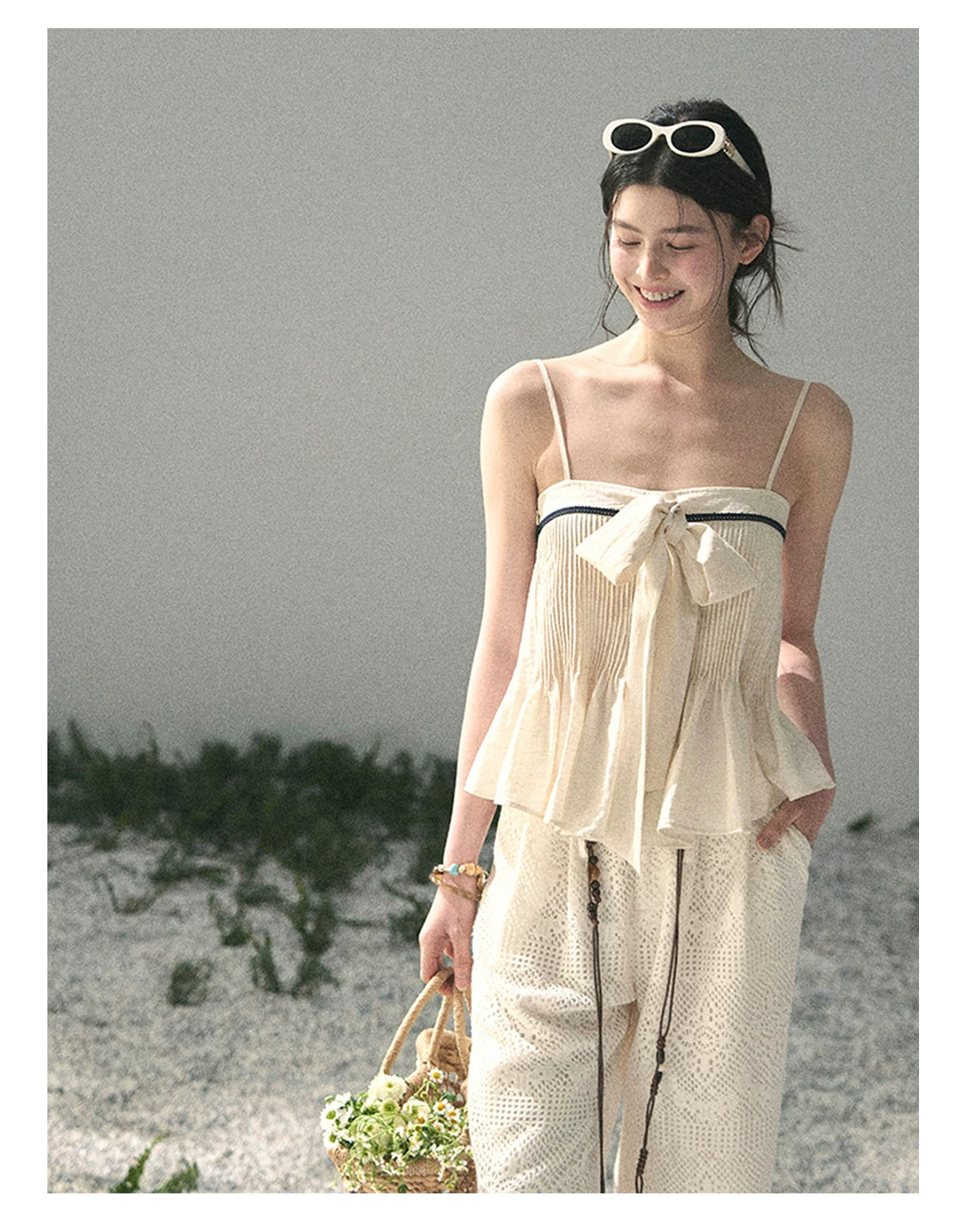 “Breeze Over Pleats” Cream Ribbon Camisole Top