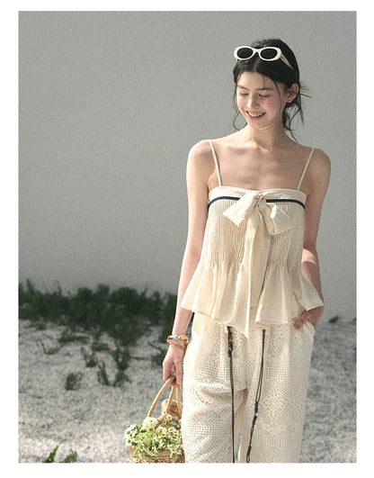 “Breeze Over Pleats” Cream Ribbon Camisole Top