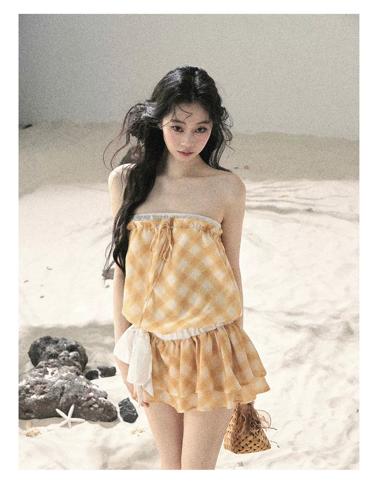 "Breeze Upon the Waves" Cheese Yellow Off-Shoulder Diamond Quilted Mini Dress
