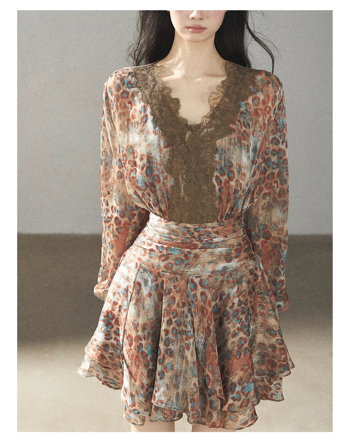 AOMALM - “Whispers of Withered Branches” Rich Cocoa French Lace Chiffon Mini Dress with Tights