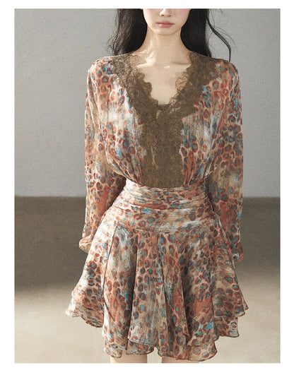 AOMALM - “Whispers of Withered Branches” Rich Cocoa French Lace Chiffon Mini Dress with Tights