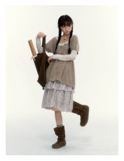 “Everyday Mist” Jacquard Lace Layering Top ( Ivory / Fog Gray )