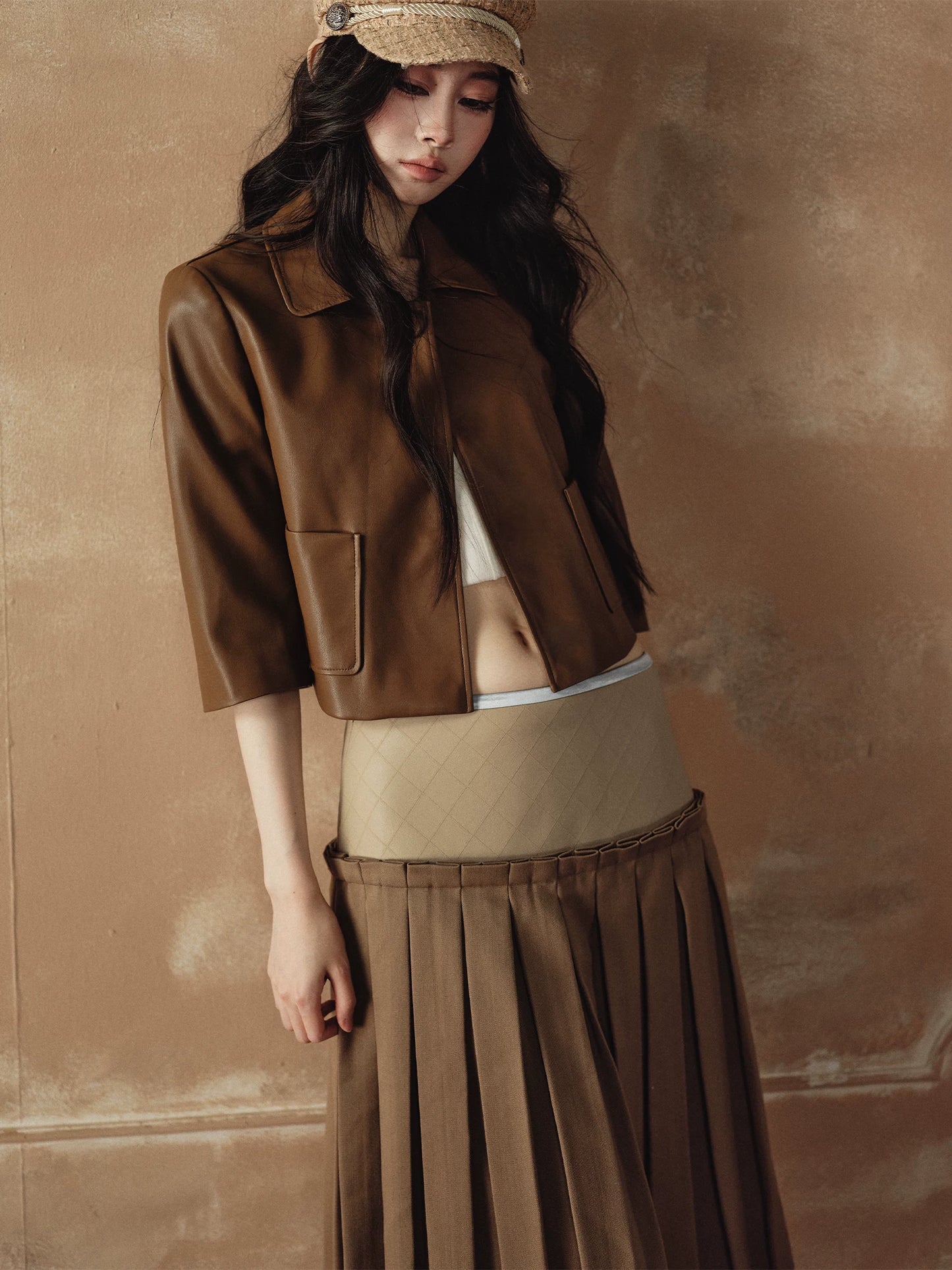 "Scholarly Muse" Khaki Faux Leather Jacket & Mixed-Media Pleated A-Line Skirt Set
