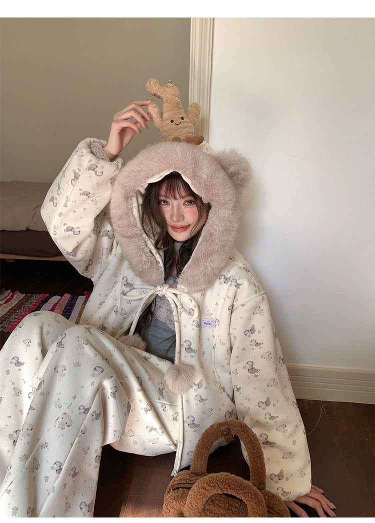 阮阮自制 - Honey Bear Ivory Plush Padded Jacket & Fleece Pants Set