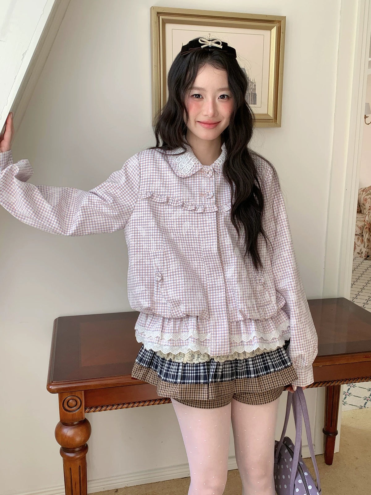 [RF] “Cream Garden Reverie” Light Purple Plaid Ruffle Lace-Trim Jacket