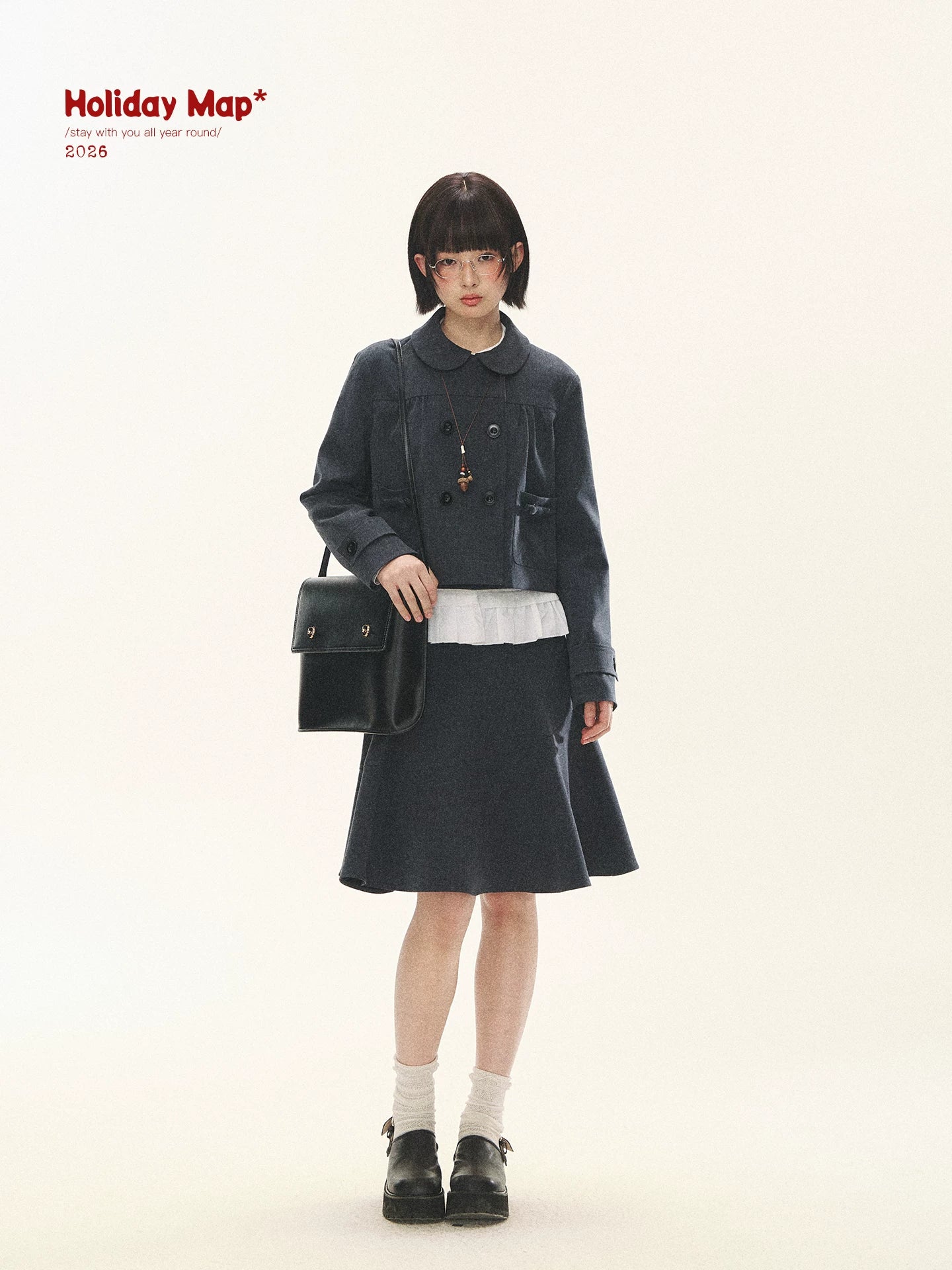 "First Day of Spring" Charcoal Gray Bow Blazer & Asymmetrical Skirt Set