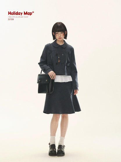 "First Day of Spring" Charcoal Gray Bow Blazer & Asymmetrical Skirt Set