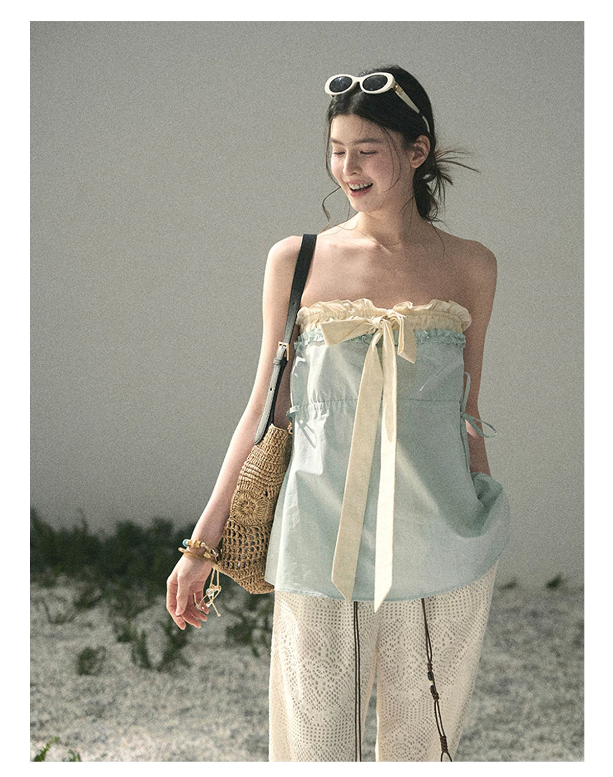 “Blue Whispers on Ivory” Mint Ruffle Bustier Top