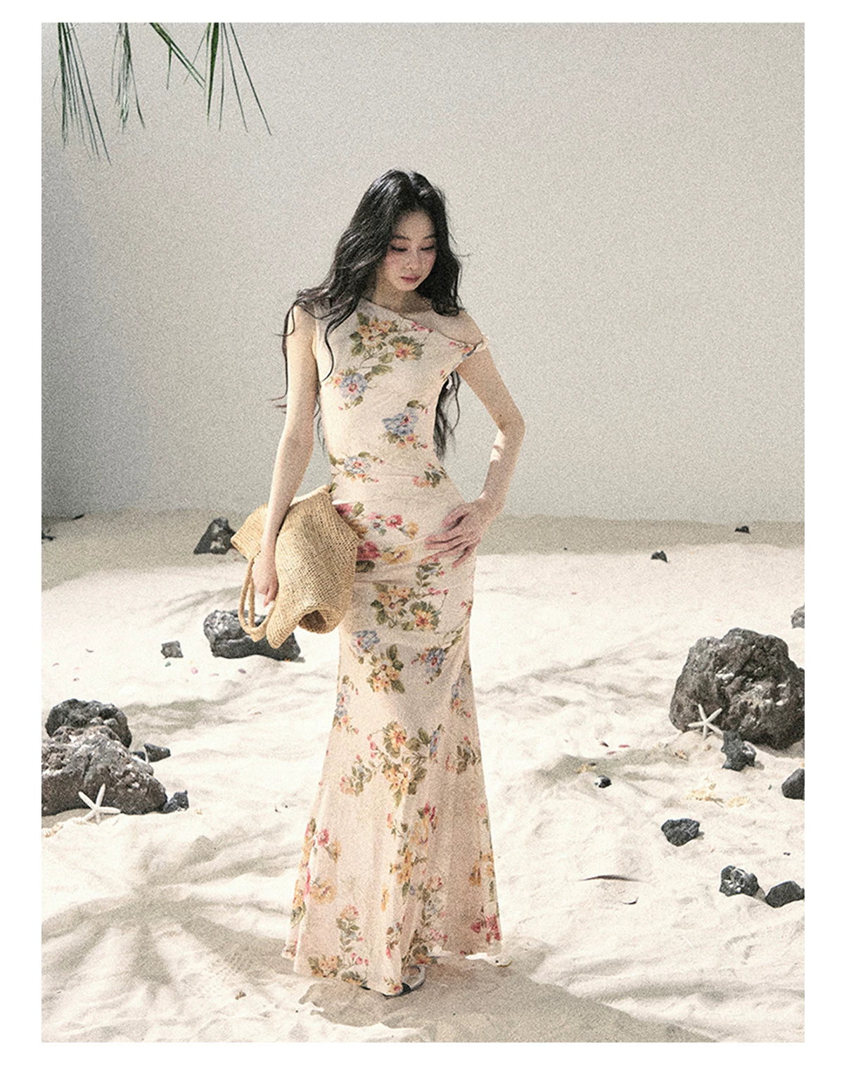"Waiting for Blossoms" Dutch Cream Floral Mermaid Maxi Dress 43236