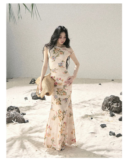 "Waiting for Blossoms" Dutch Cream Floral Mermaid Maxi Dress 43236