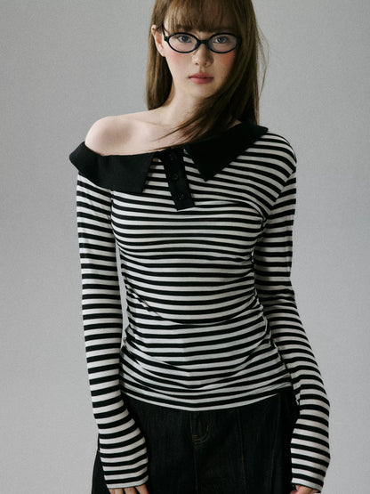 LOST FOREST - Striped Asymmetrical Lyocell-Wool Layering Top