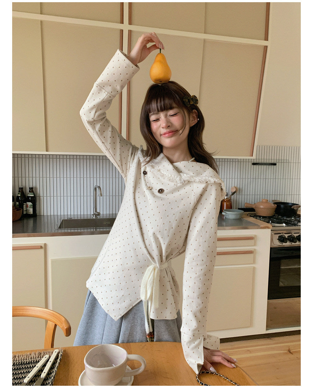 “Mocha Poetry Reverie” Ivory Polka Fringe Sweatshirt