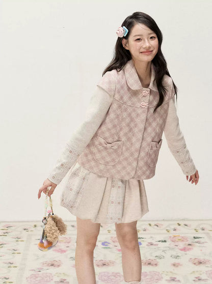 [RF] Pink Gingham Wool Blend Cropped Coat with Peter Pan Collar