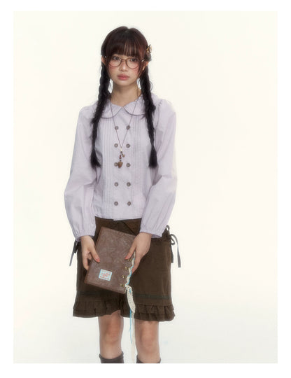 “Academy Melody” Navy Plaid & Dusty Purple Peter Pan Collar Cotton Shirt (Navy Plaid / Dusty Purple)