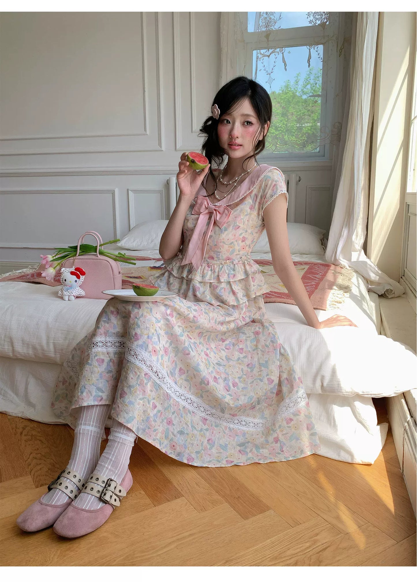 “Peach Blossom Ballad” Pink Floral Lace Maxi Dress