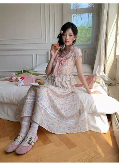 “Peach Blossom Ballad” Pink Floral Lace Maxi Dress