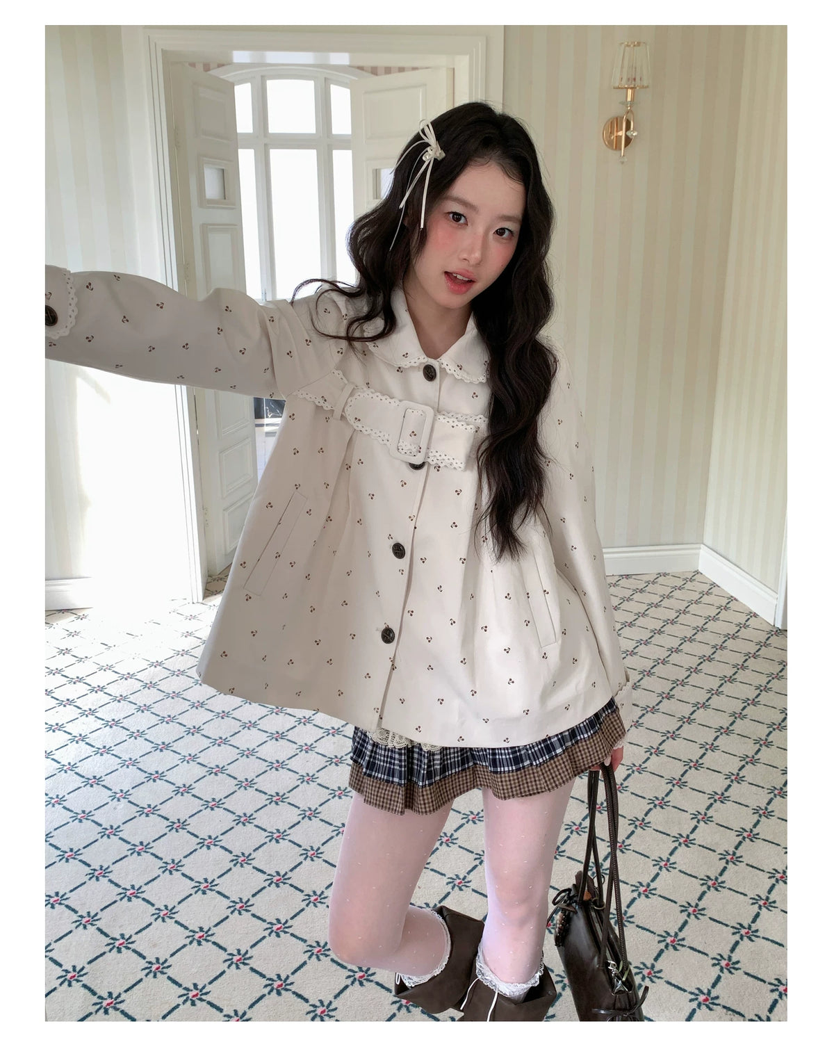 [RF] “Snowflake Milk Foam” Cream Floral Single-Breasted Waist-Defined Jacket