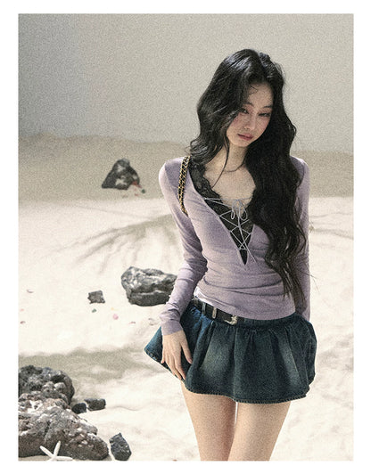 "Shimmer Across the Sea" Denim Bubble Skort (Rock Black/ Vintage Blue)