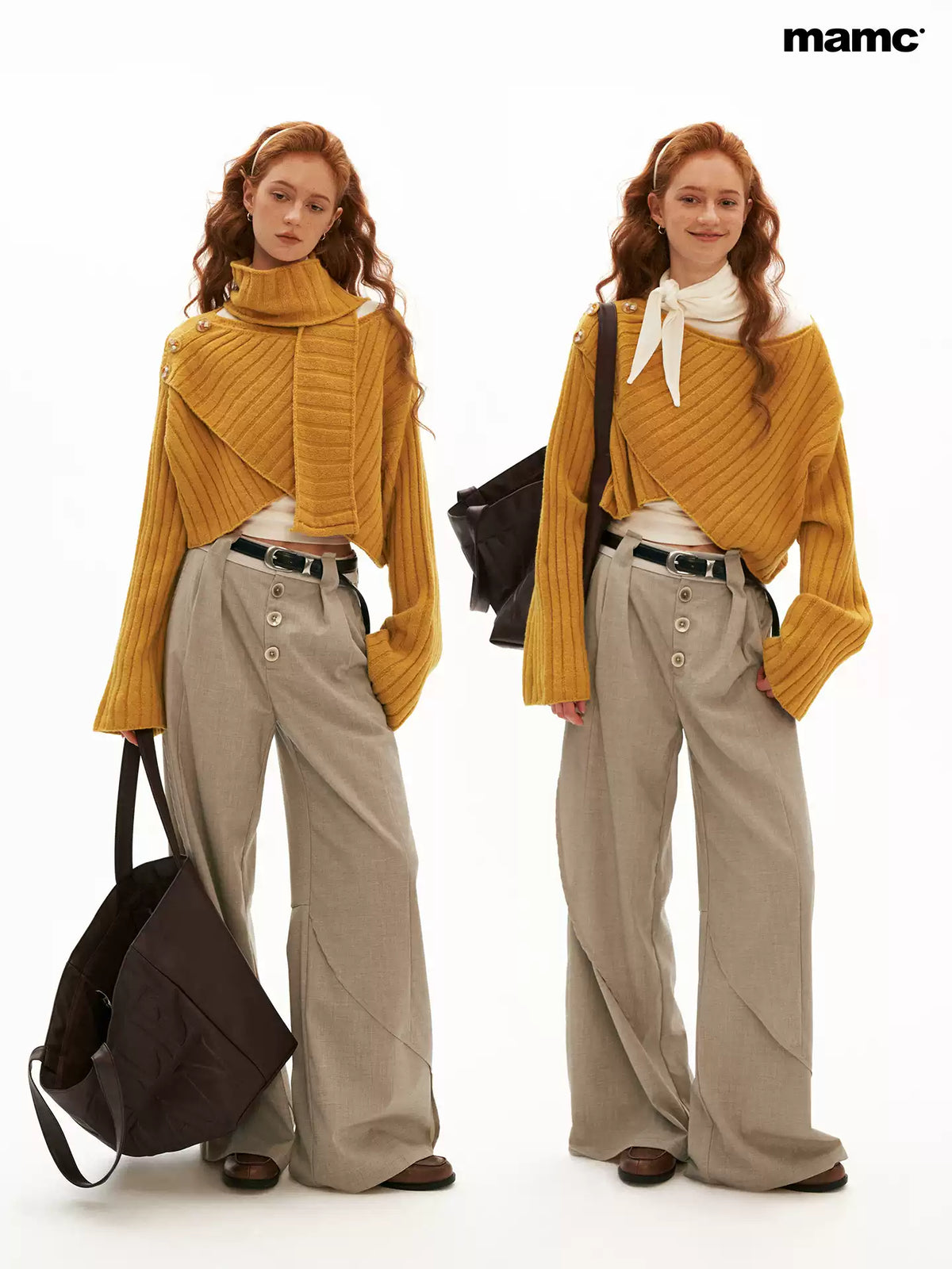 MAMC - Soft Recycled Airy Knit Cross-Neck Sweater (Red / Yellow / Ivory)