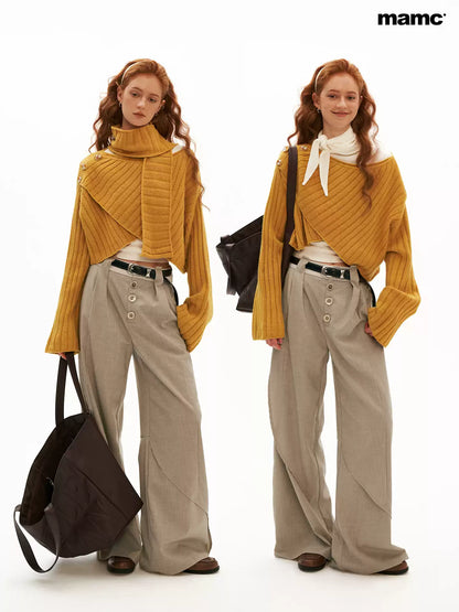 MAMC - Soft Recycled Airy Knit Cross-Neck Sweater (Red / Yellow / Ivory)