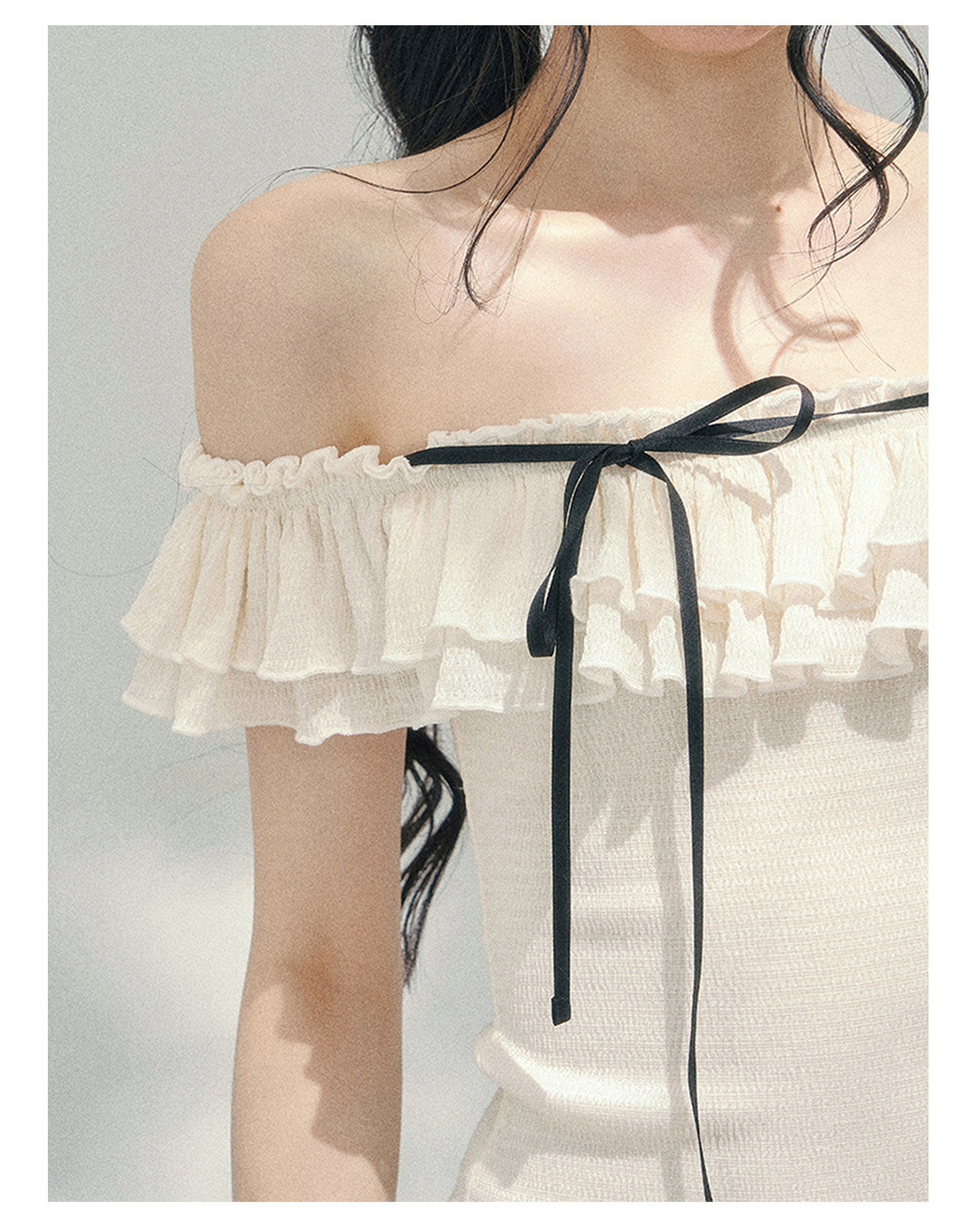 “White Pearlight” Ivory Off-Shoulder Ruffle Tee