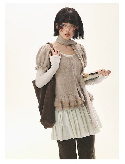 "Soft Fufu" Blush Pink Lace Puff Sleeve Knit Cardigan