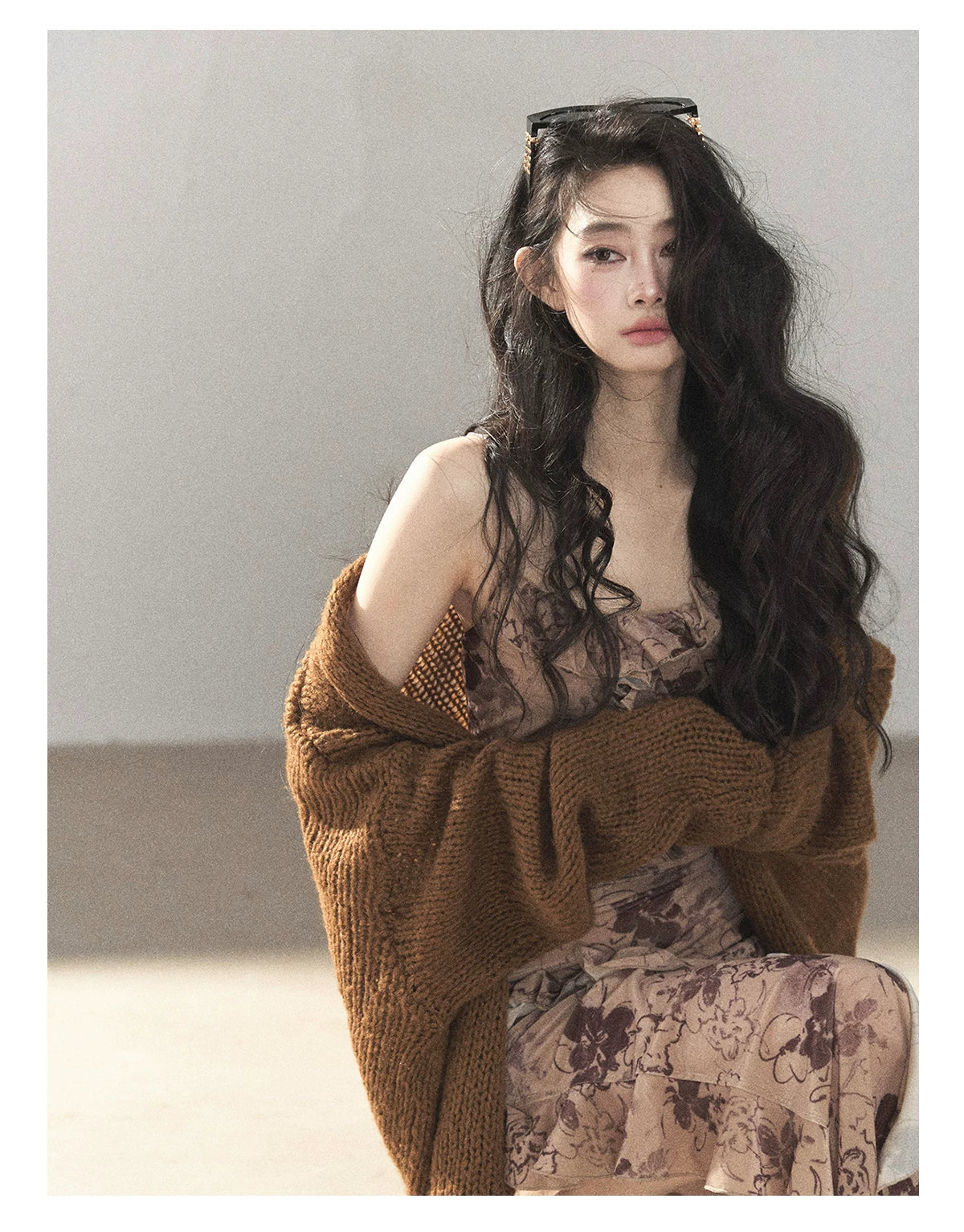 AOMALM - "Wildflower Date" Milk Tea Brown Ruffle Floral Maxi Dress (With Matching Hair Tie)