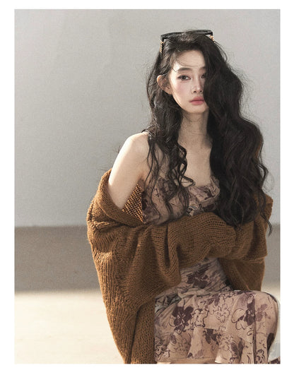 AOMALM - "Wildflower Date" Milk Tea Brown Ruffle Floral Maxi Dress (With Matching Hair Tie)