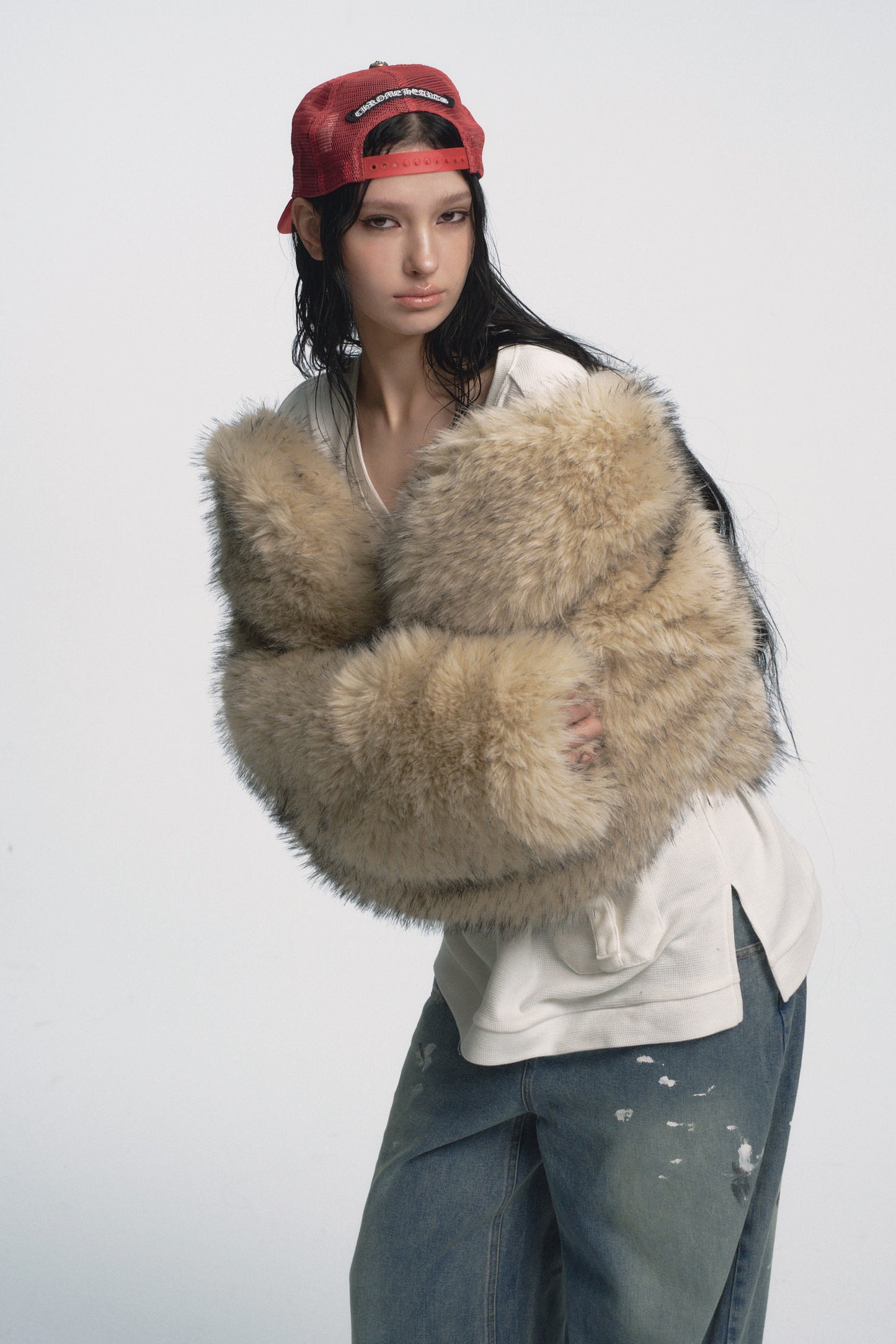 Muirgen - Y2K Tipped Faux Camel Hair Shawl Cropped Jacket