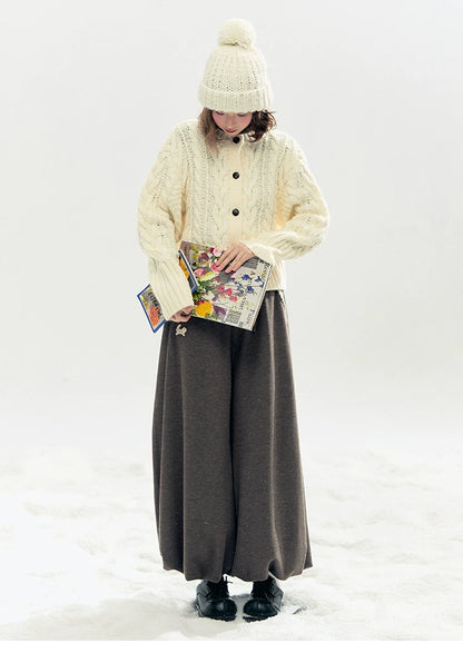 "Bunny Tea Party" Fleece-Lined Balloon Wide-Leg Pants (Hazelnut Brown/ Midnight Gray)