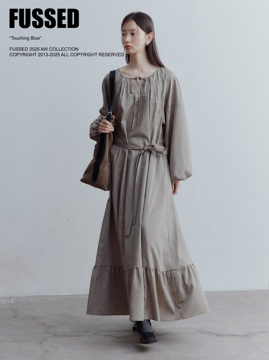 FUSSED Misty Forest Flowy Linen Blend Dress – Gray-Brown Green FOF-25SS135