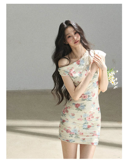 "Flowers & Sunlight" Dutch Cream Off-Shoulder Mesh Bodycon Mini Dress
