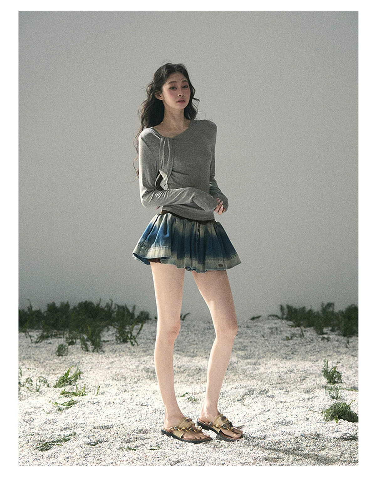 “Skin Mood” Cloud Mist Gray Ruched Asymmetrical Top