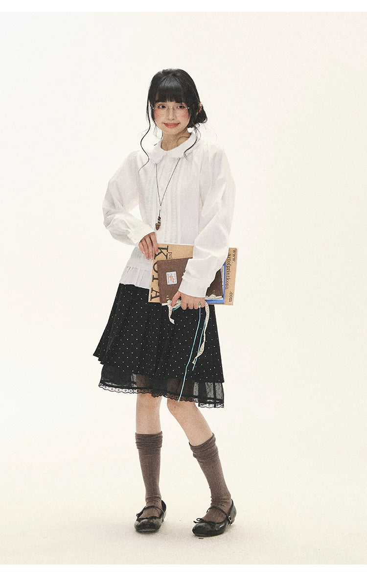 "Polka Reverie" Black Polka Dot Bow Pleated Mini Skirt