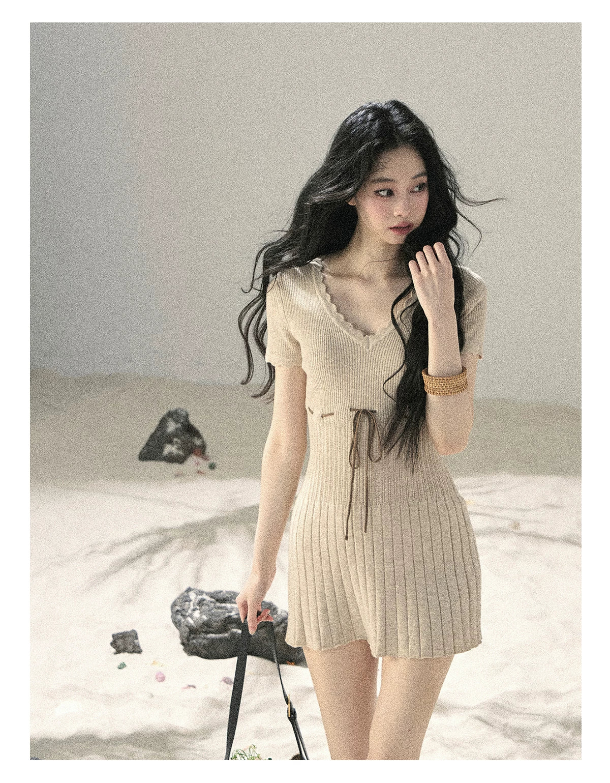 "Whispering Evening Breeze" Oatmeal Knit Lace Bodycon Mini Dress 4534854