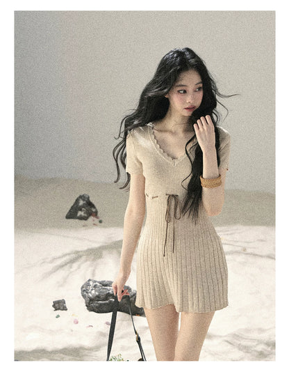 "Whispering Evening Breeze" Oatmeal Knit Lace Bodycon Mini Dress 4534854