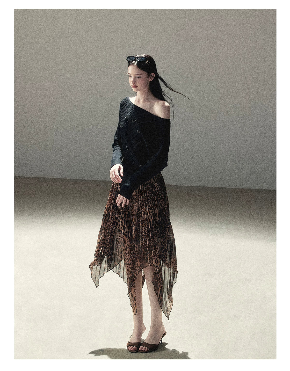 AOMALM - “Cocoa Leopard” Pleated Asymmetric Midi Skirt
