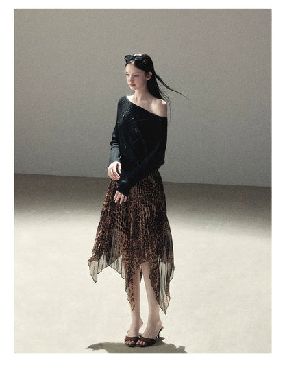 AOMALM - “Cocoa Leopard” Pleated Asymmetric Midi Skirt