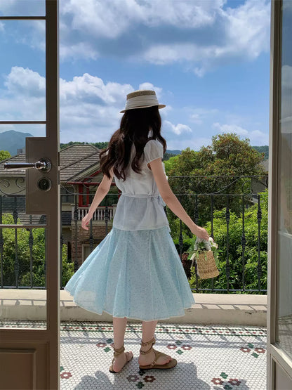 “Blue Berry Stardust” Blue Floral Polka Dot Skirt