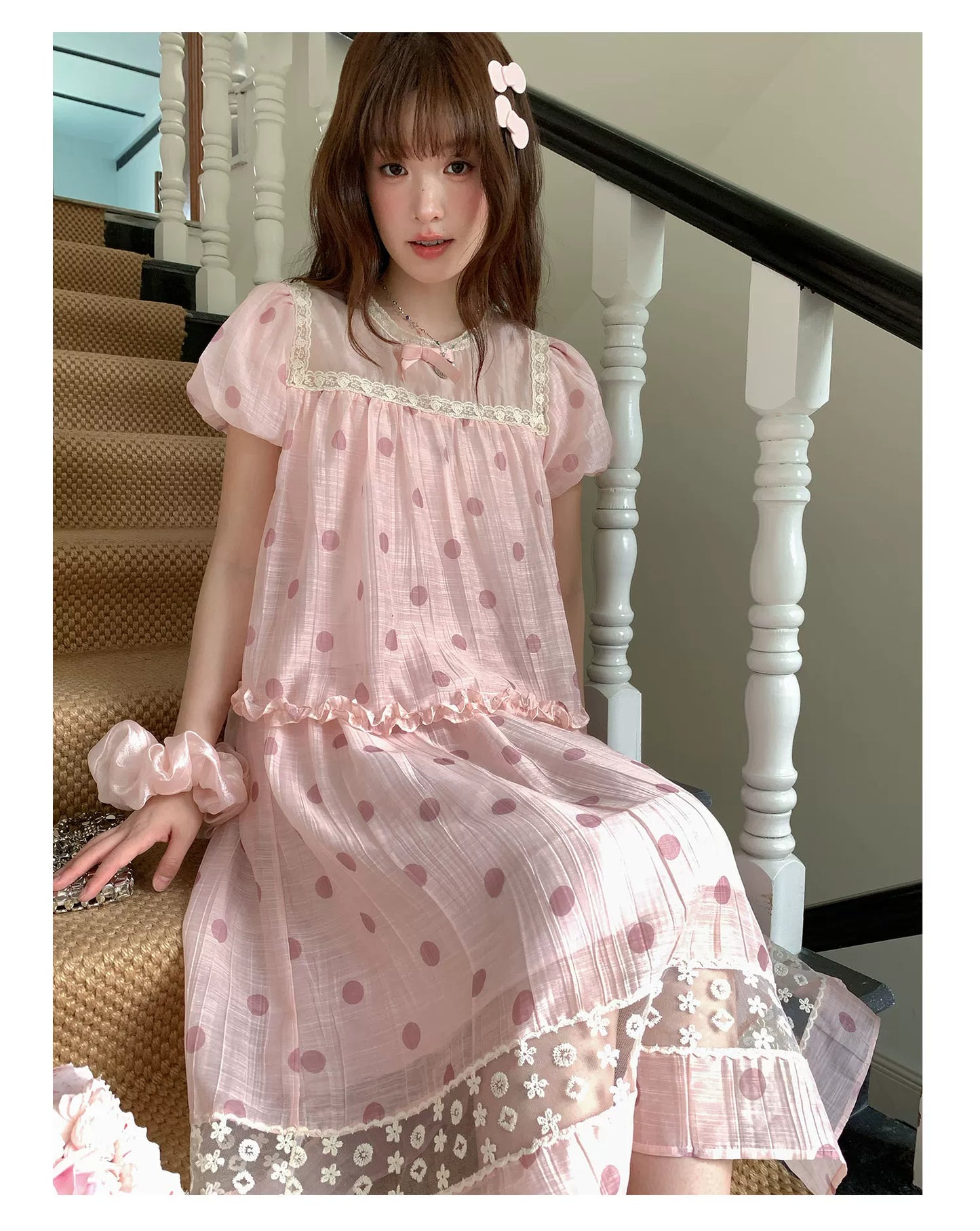 [RF] “Peach Polka Daydream” Pink Polka Dot Two-Piece Skirt Set