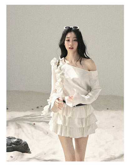 "Petals of Early Summer" Mist White Ruffle One-Shoulder Cake Dress (With Belt) 58648