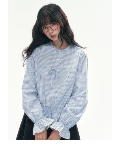 [CAN] Blue Plaid Lace-Trim Bow Tie Blouse