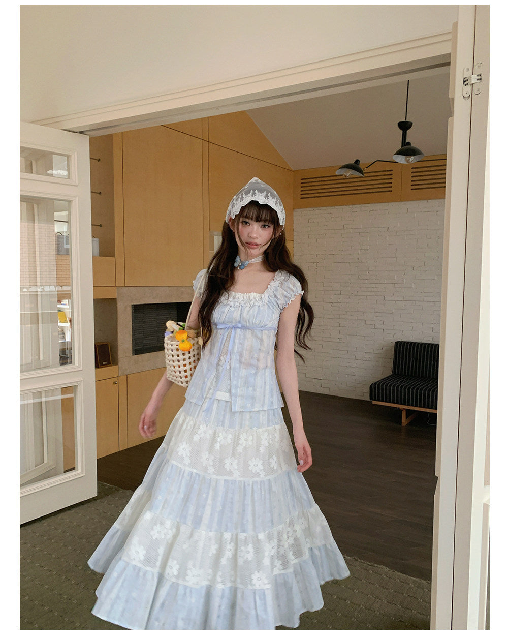 “Sea Salt Reverie” Blue Square Neck Blouse & Lace Tiered Maxi Skirt