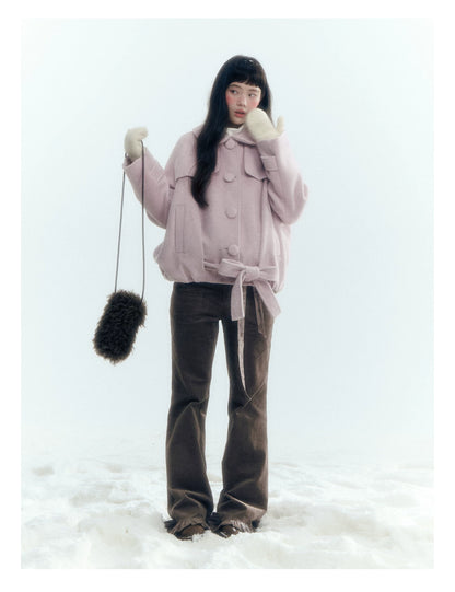 Horridale - Milk Tea Brown Floral Belt Corduroy Flare Pants