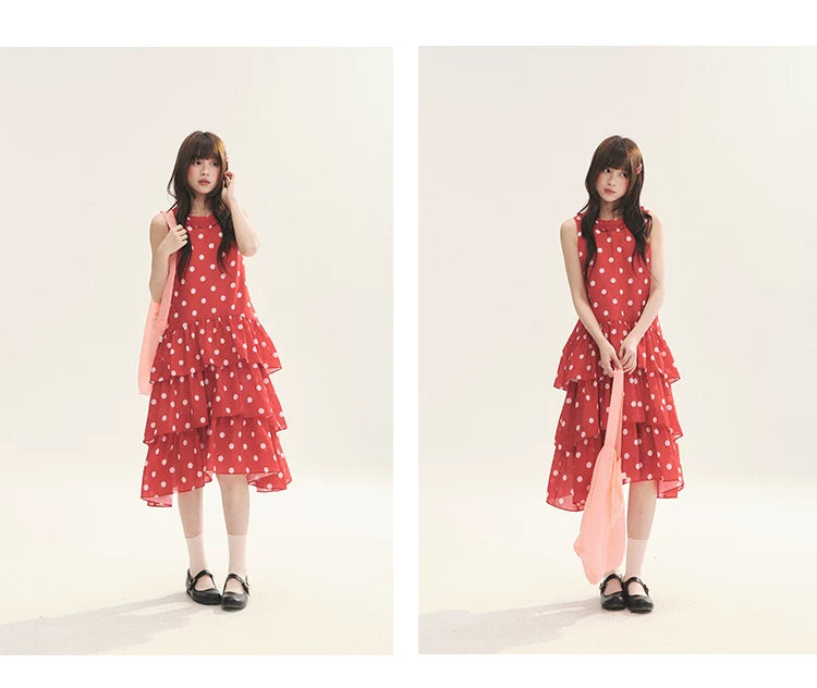 "Polka Dot Layers" Red Polka Dot Tiered A-Line Maxi Cami Dress