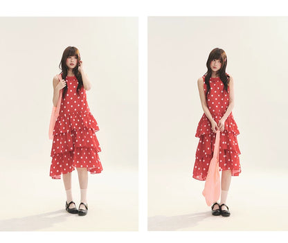 "Polka Dot Layers" Red Polka Dot Tiered A-Line Maxi Cami Dress