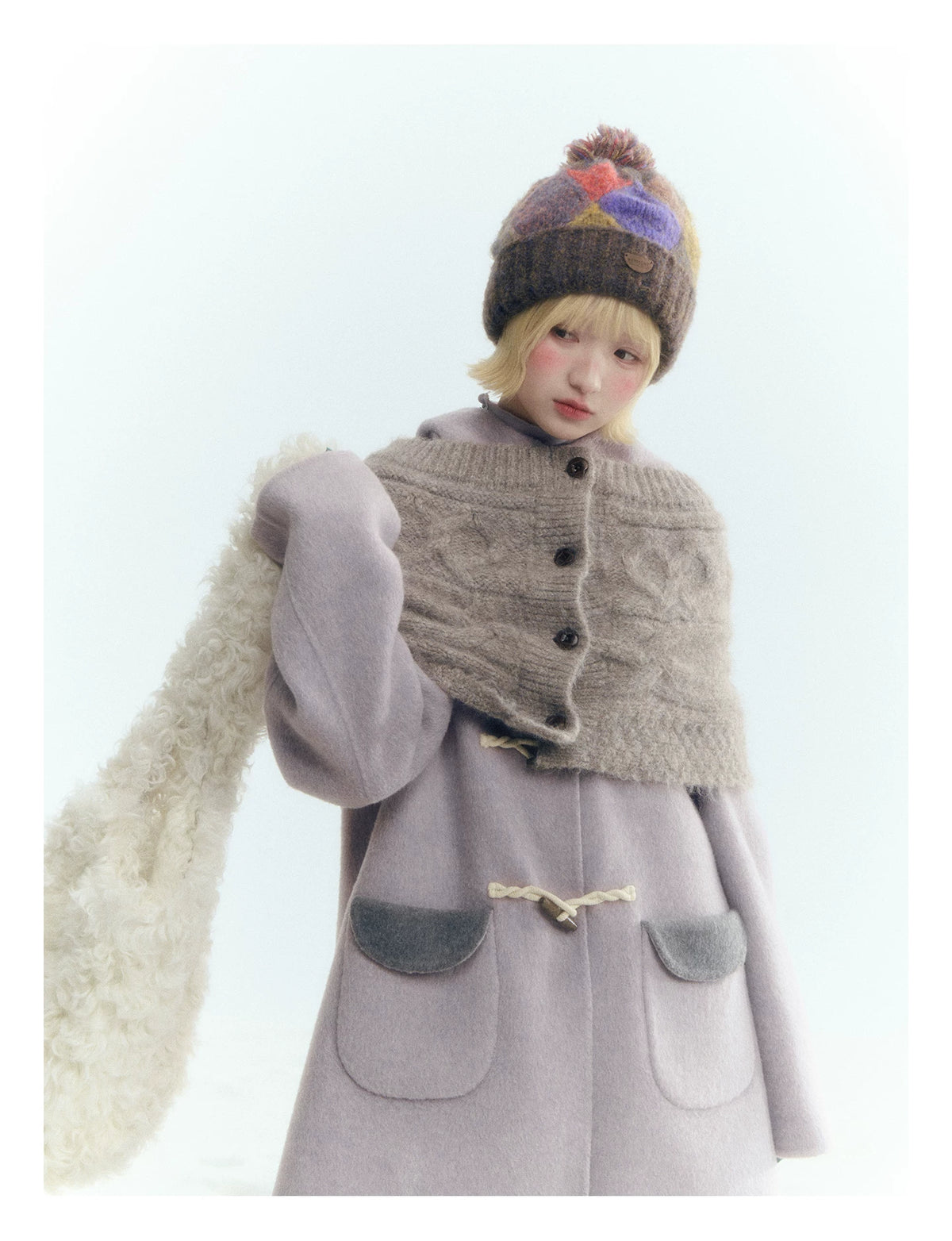 Horridale - Mist Gray Cable Knit Flower Button Shawl