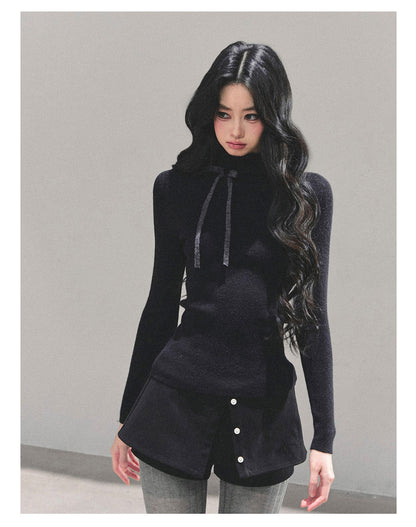 少也眼 “Velvet Touch” Semi-Turtleneck Long Sleeve Knit Top - Black 586255478