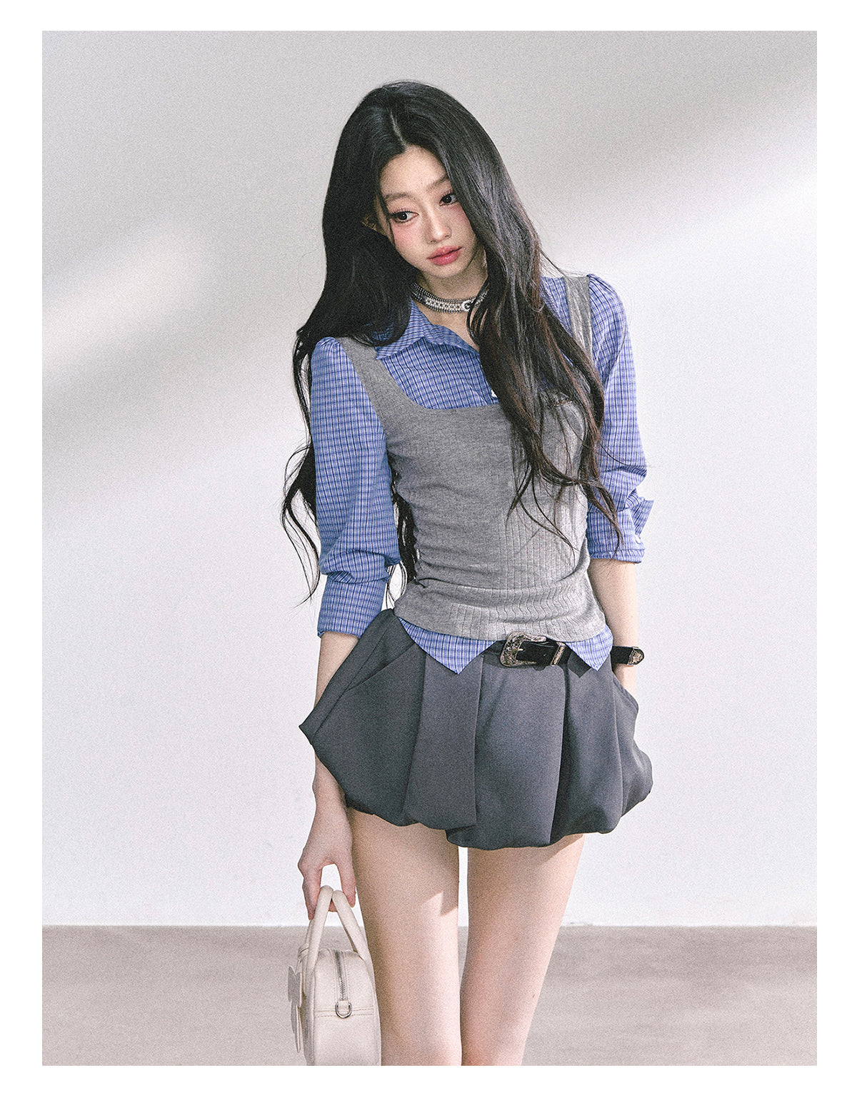 少也眼 “New York Press” Faux Two-Piece Plaid Shirt